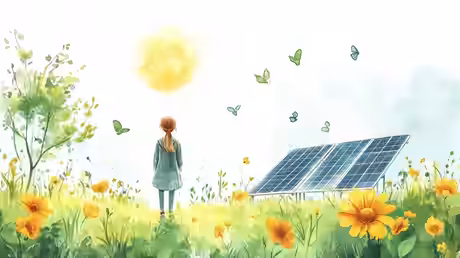 Idylle mit Kind, Sonne und PV-Anlage